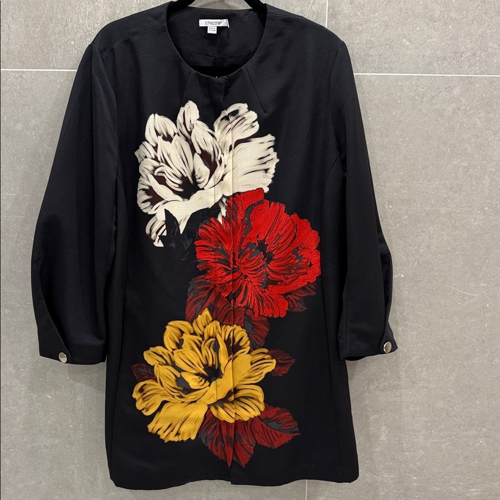 Chico’s Size 3 - Black Tunic Jacket with Red and Yellow Floral Design